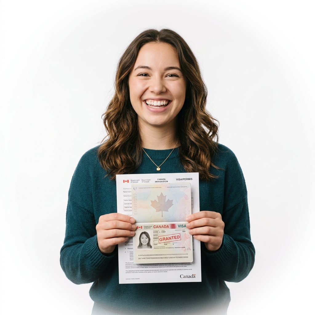 Happy girl holding Canada visa