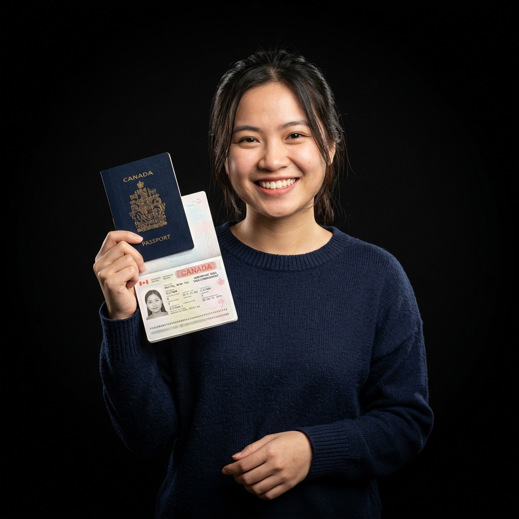Happy girl holding Canada visa